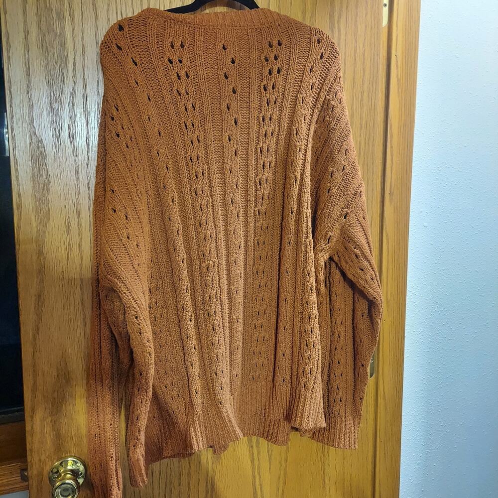 Haptics From The Top Cable Knit Knotched Neckline Sweater In Rust 3x plus - Picture 3 of 7